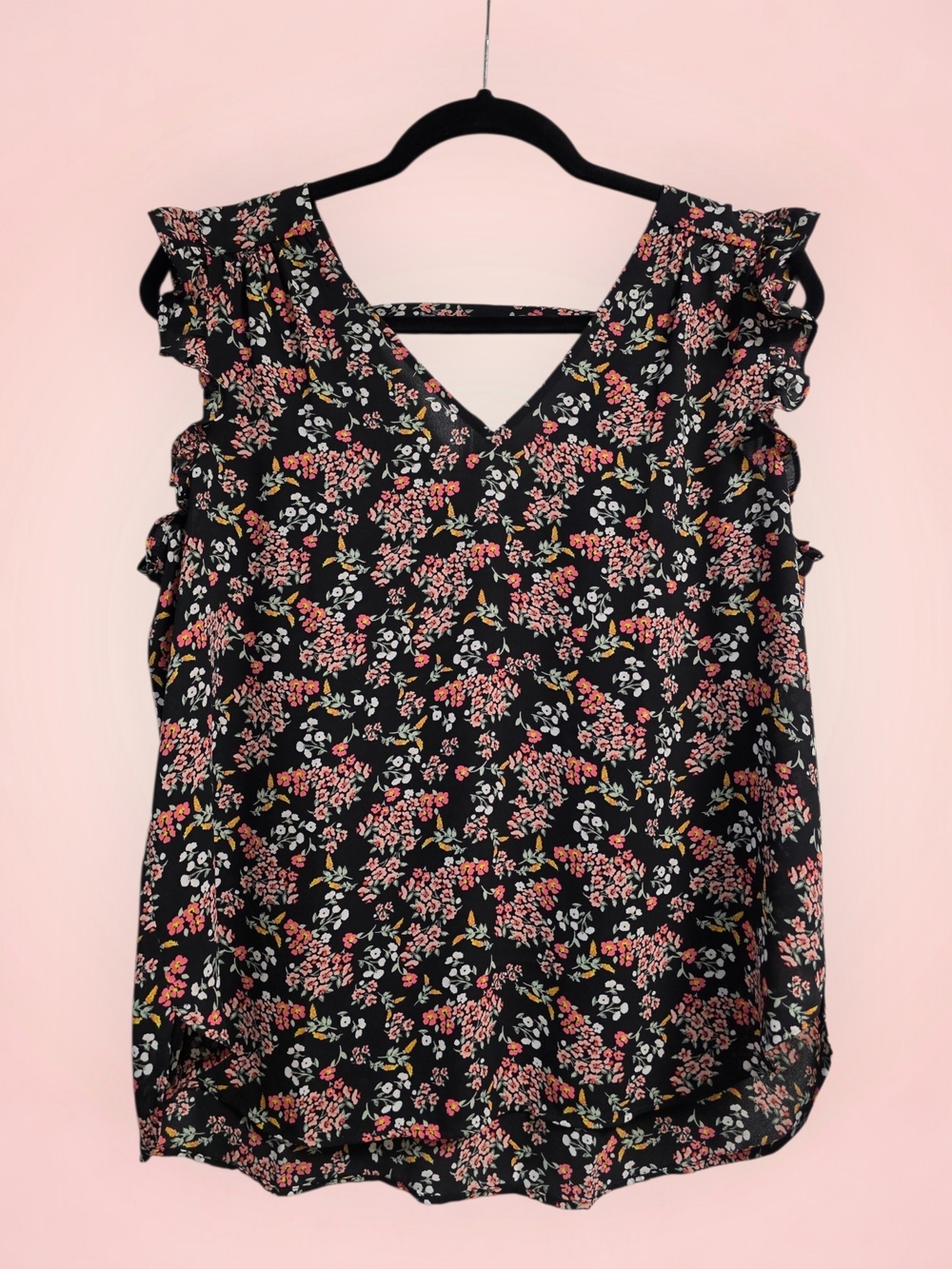LOFT Black & Pink Floral Ruffle Sleeveless V-Neck Camisole MEDIUM